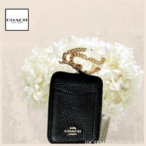 COACH Zip Card Case Black Pebble Leather Gold Accents Detachable Chain